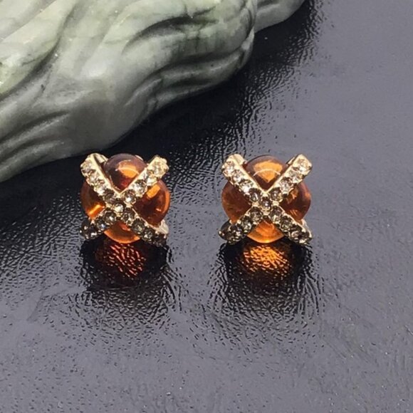 Amber Rhinestone X Stud Earrings With Gold Plated Setting For Women - Picture 6 of 7